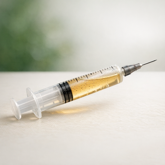 Sterile liquid culture syringe filled with pale amber liquid