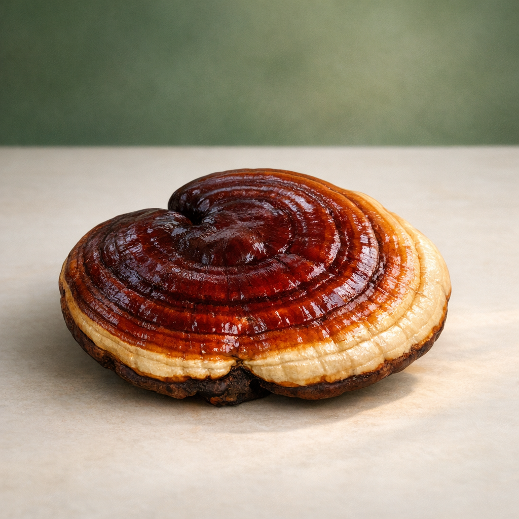 Glossy red reishi conk with concentric rings