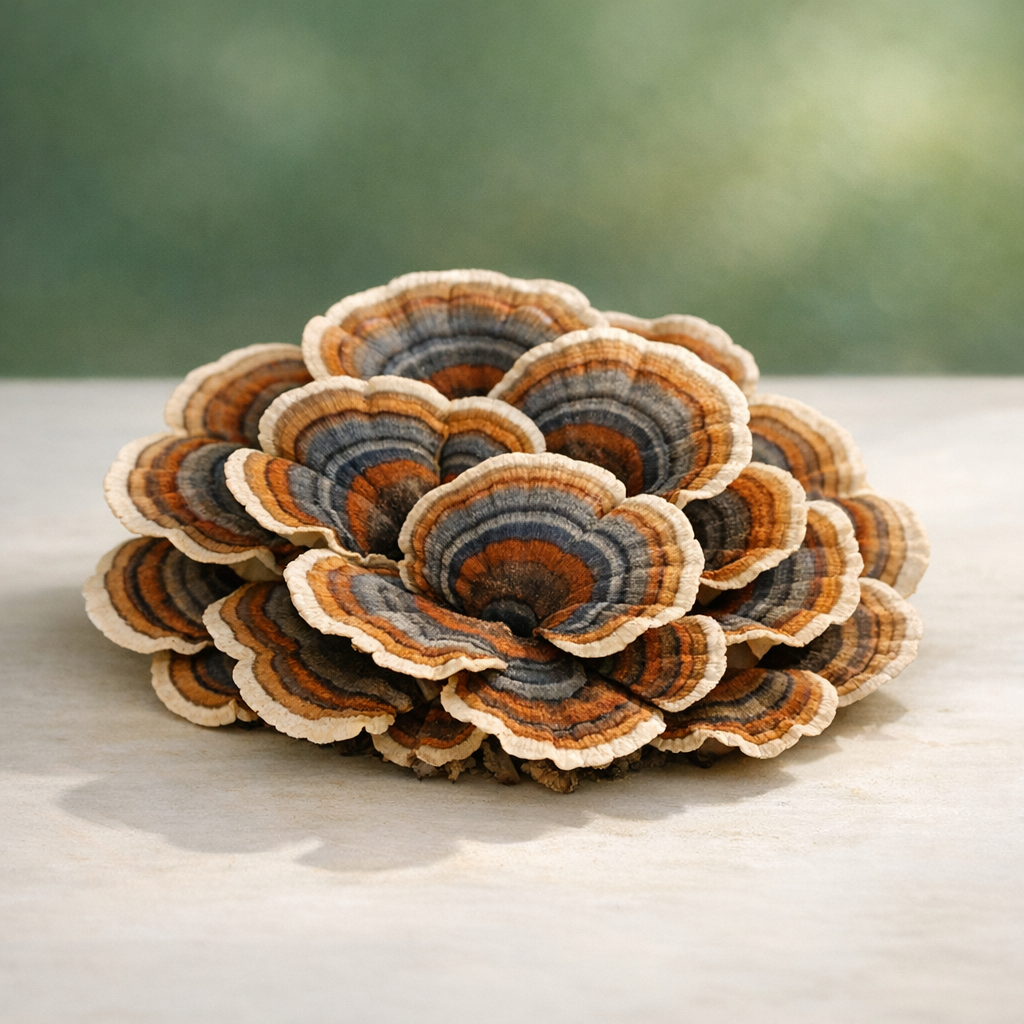 Turkey tail mushrooms with concentric colored bands