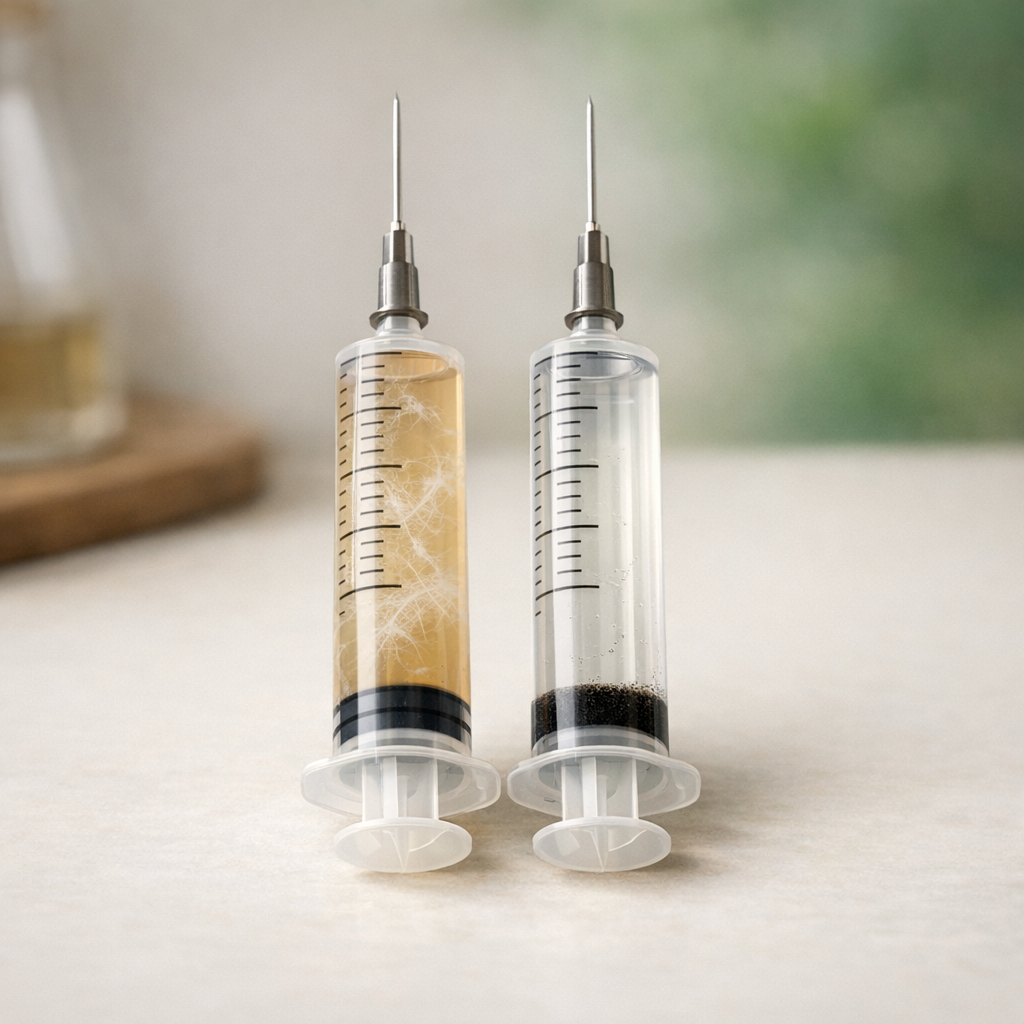Liquid culture syringe beside a spore syringe on a cream surface
