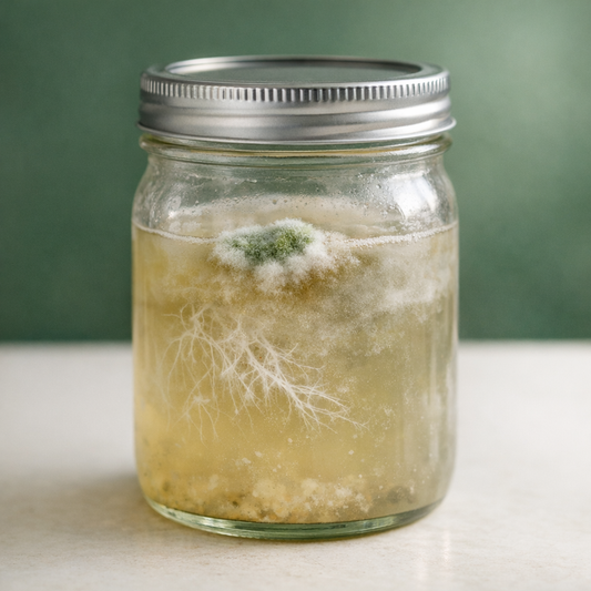 Liquid culture jar showing green mold contamination