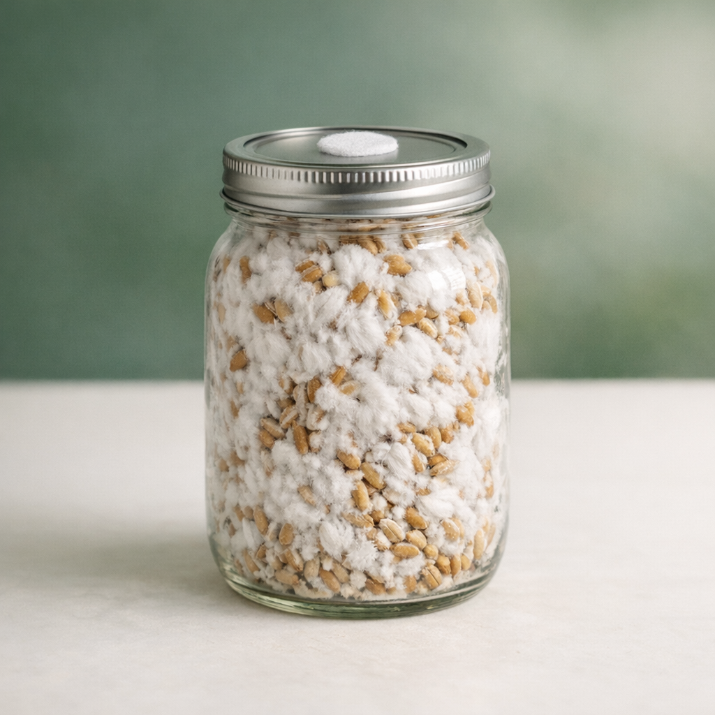Mason jar of grain spawn colonized with white mycelium
