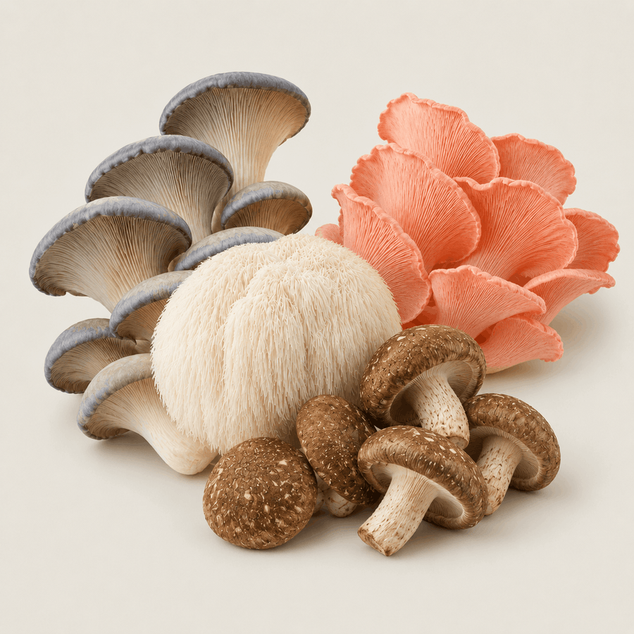 Beginner mushroom culture bundle featuring Blue Oyster, Pink Oyster, Lion’s Mane, Chestnut and Shiitake