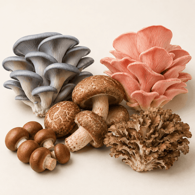 Culinary mushroom culture bundle featuring Blue Oyster, Pink Oyster, Shiitake, Chestnut and Maitake