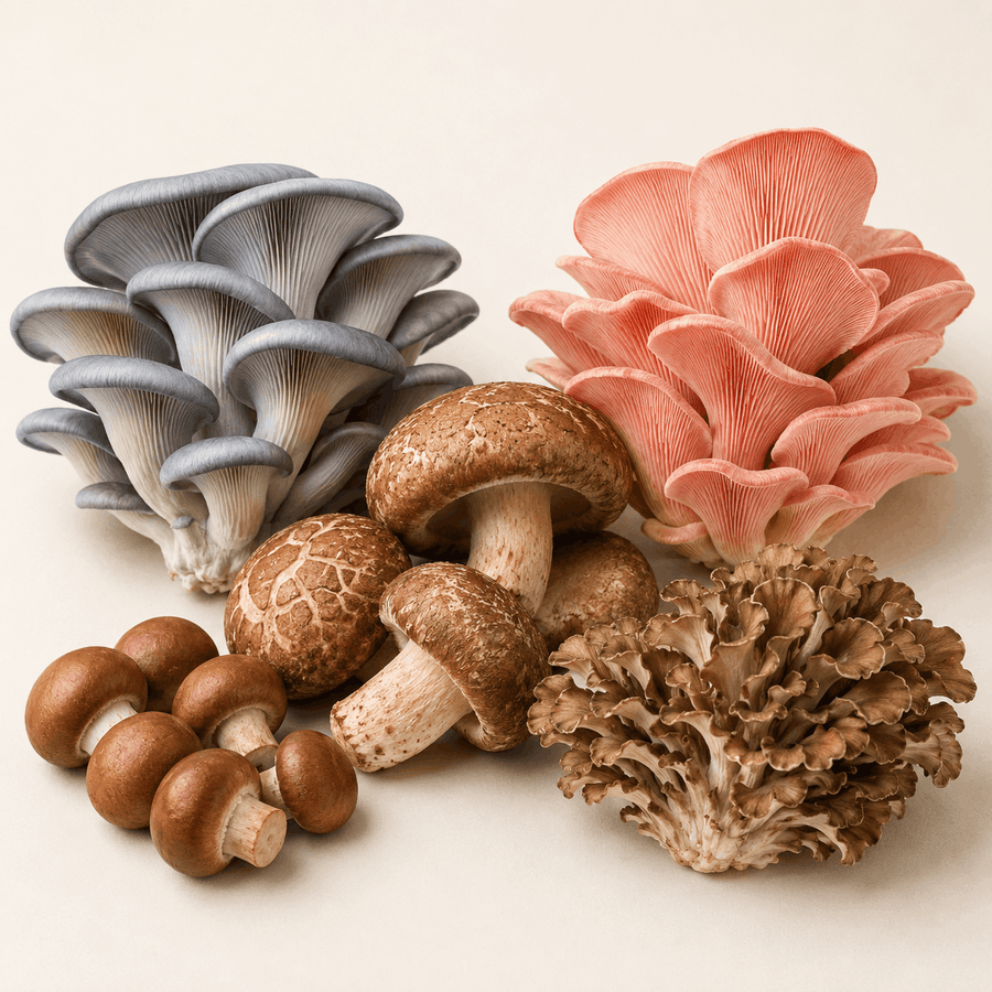 Culinary mushroom culture bundle featuring Blue Oyster, Pink Oyster, Shiitake, Chestnut and Maitake
