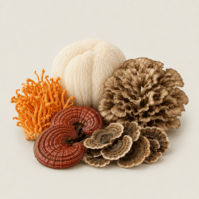 Functional mushroom culture bundle featuring Lion’s Mane, Red Reishi, Turkey Tail, Cordyceps and Maitake