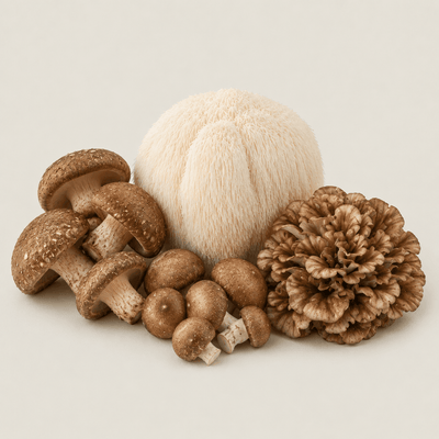 Hardwood mushroom culture bundle featuring Lion’s Mane, Shiitake, Maitake, Red Reishi and Turkey Tail