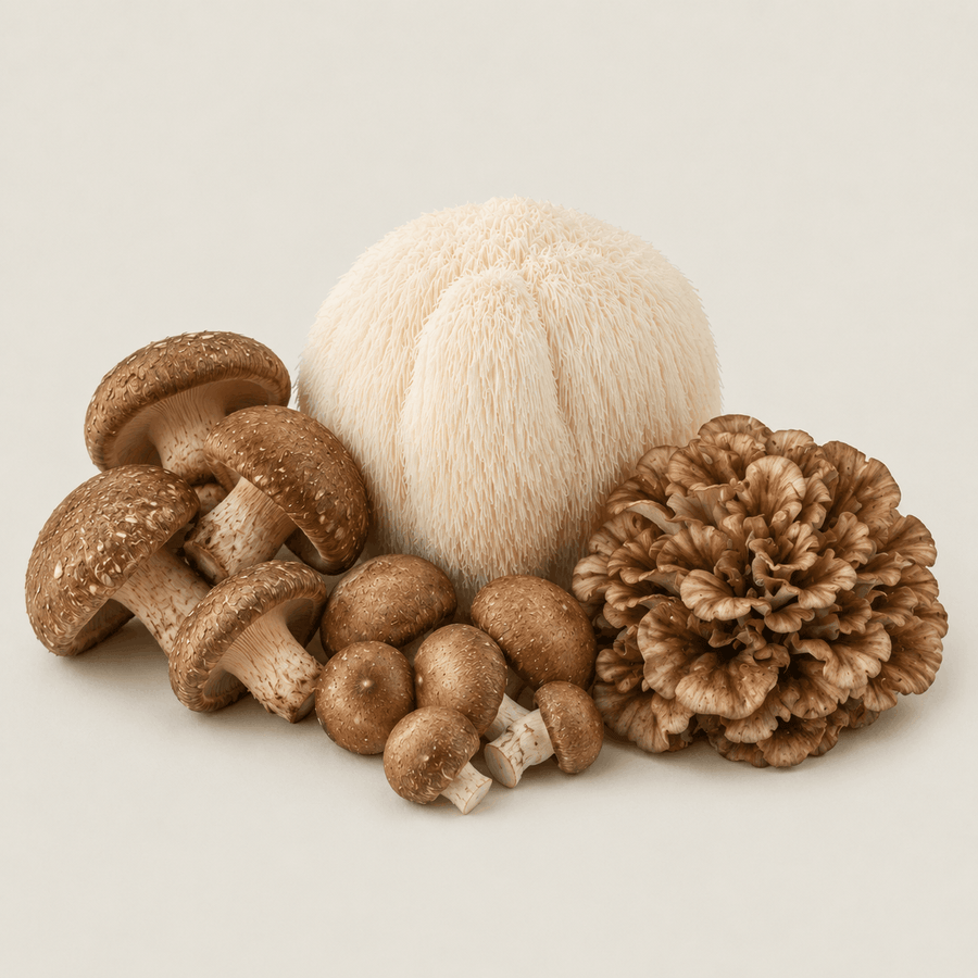 Hardwood mushroom culture bundle featuring Lion’s Mane, Shiitake, Maitake, Red Reishi and Turkey Tail