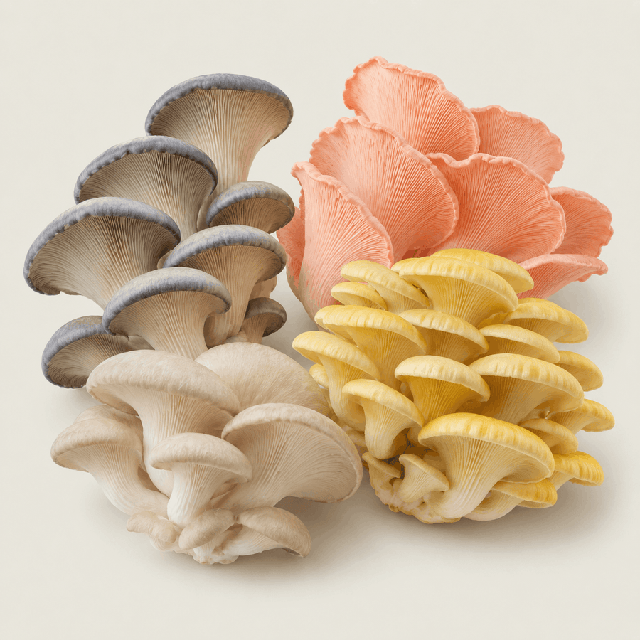 Blue, Pearl, Pink and Yellow Oyster mushrooms included in the Oyster liquid culture 4-pack